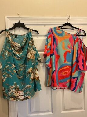 2 Blouses - Floral Shoulders Out & Vibrant Multicolor One-Shoulder  Top
